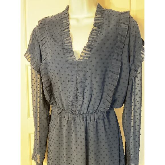 Sugar Lips Navy Swiss Dot Long Sleeve Ruffle Panels V Neck Dress L - Picture 2 of 7